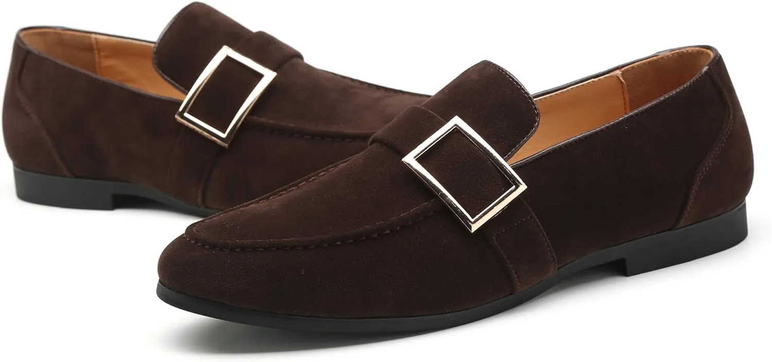 Santimon Casual Dress Shoes Men Slip on Driving Flats Suede Smoking Slipper Buckle Moccasins Loafers Black Brown Tan