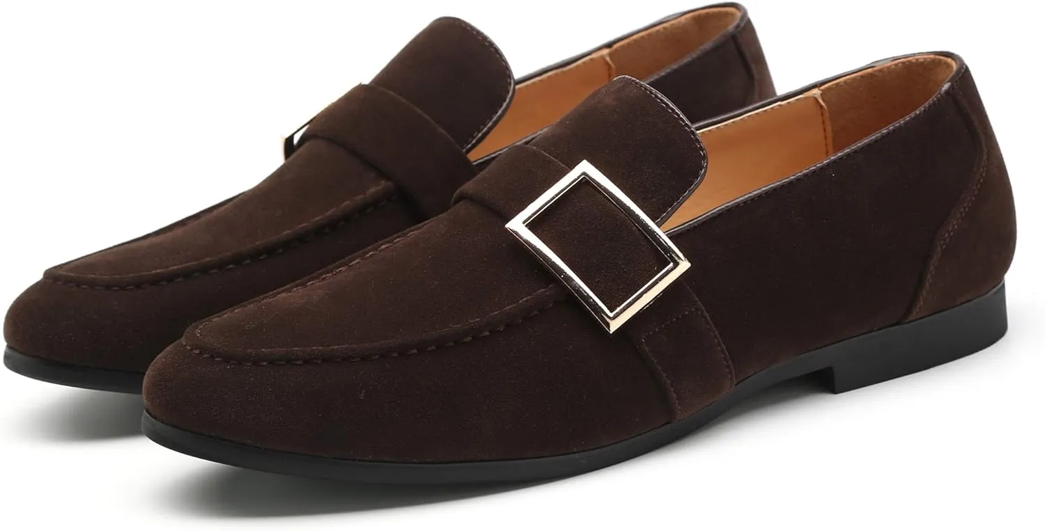 Santimon Casual Dress Shoes Men Slip on Driving Flats Suede Smoking Slipper Buckle Moccasins Loafers Black Brown Tan