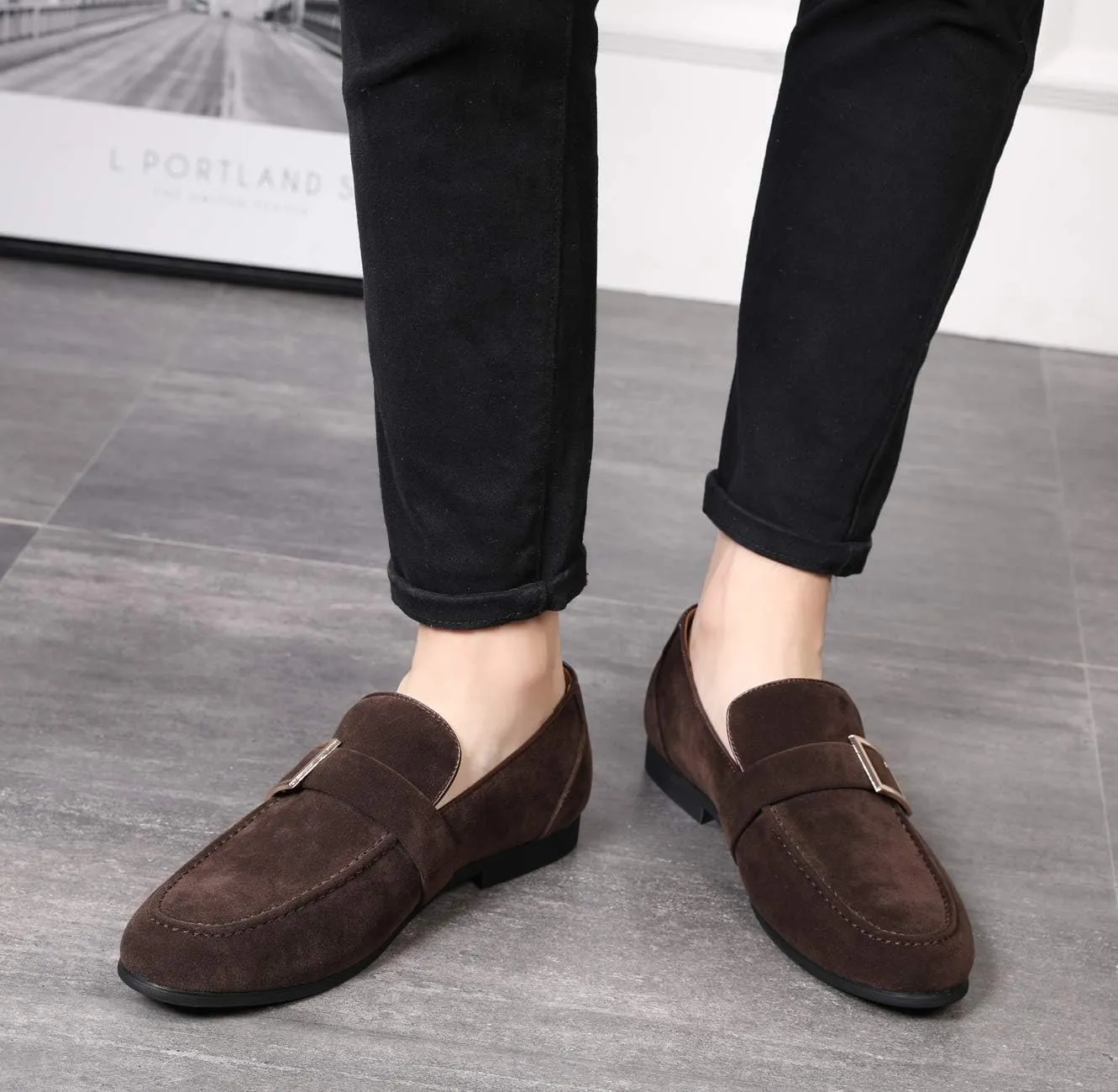 Santimon Casual Dress Shoes Men Slip on Driving Flats Suede Smoking Slipper Buckle Moccasins Loafers Black Brown Tan
