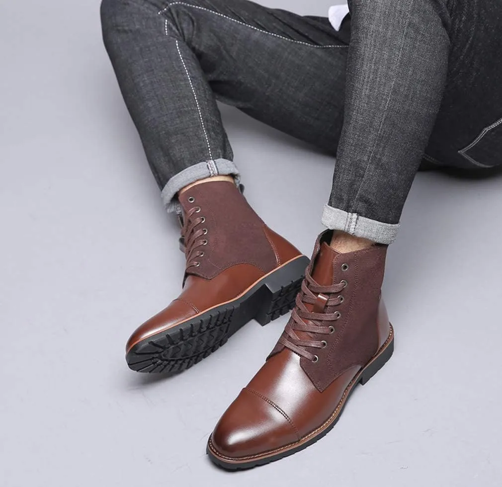 Santimon Mens Casual Leather Ankle Combat Chukka Boots Classic Cap Toe Waterproof Lace Up Work Oxfords Boots