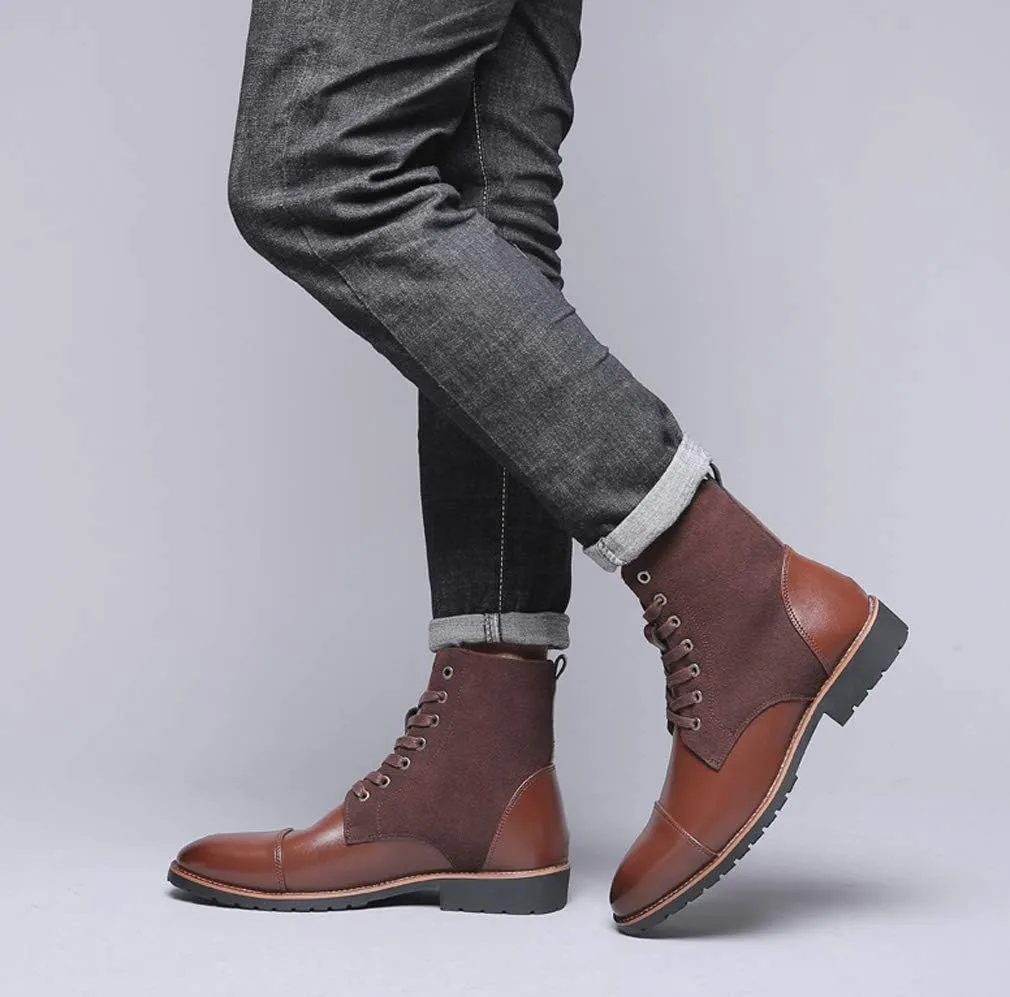 Santimon Mens Casual Leather Ankle Combat Chukka Boots Classic Cap Toe Waterproof Lace Up Work Oxfords Boots