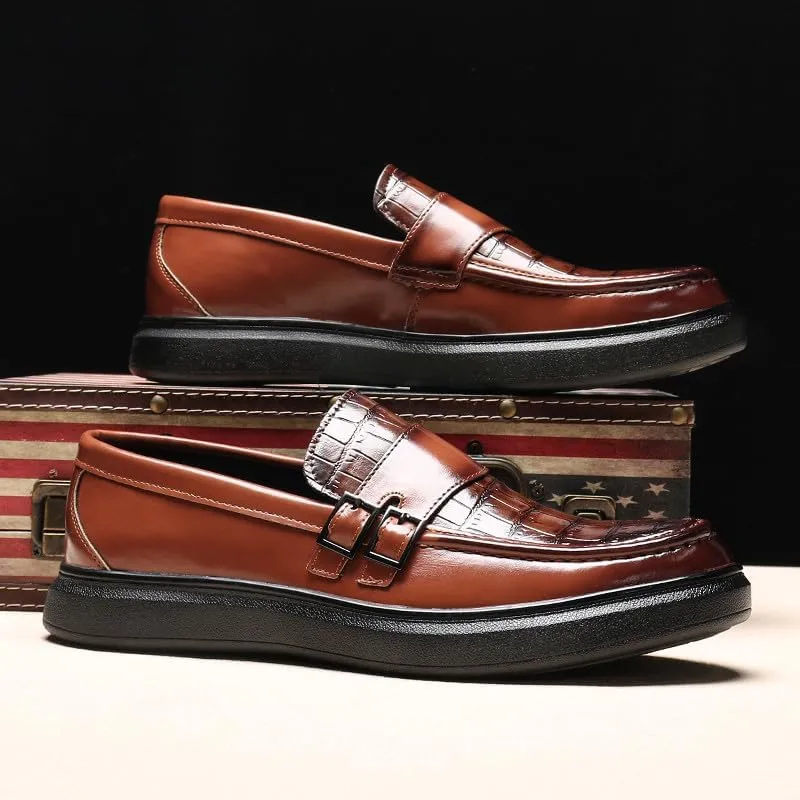 Santimon Men's Crocodile Print Loafers Double Buckle Strap Slip-On Dress Shoes Comfortable Casual Moc Toe Driving Shoes