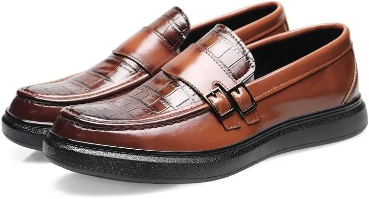 Santimon Men's Crocodile Print Loafers Double Buckle Strap Slip-On Dress Shoes Comfortable Casual Moc Toe Driving Shoes