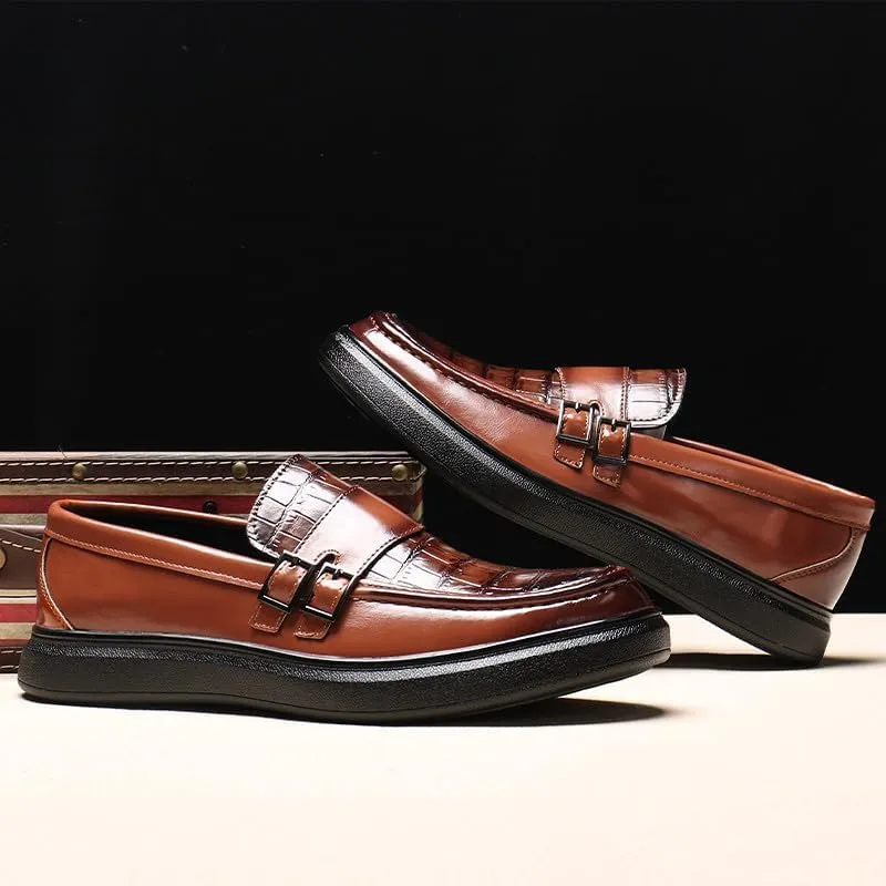 Santimon Men's Crocodile Print Loafers Double Buckle Strap Slip-On Dress Shoes Comfortable Casual Moc Toe Driving Shoes