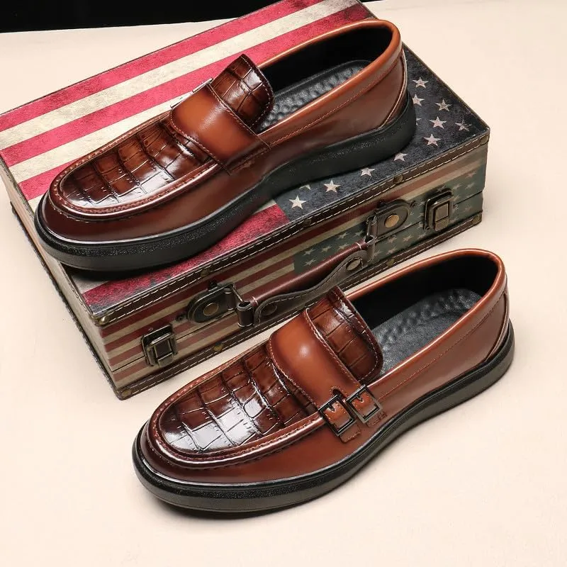 Santimon Men's Crocodile Print Loafers Double Buckle Strap Slip-On Dress Shoes Comfortable Casual Moc Toe Driving Shoes