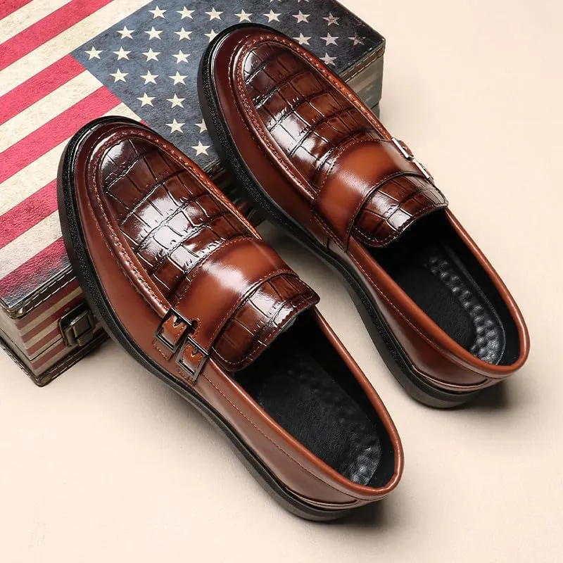 Santimon Men's Crocodile Print Loafers Double Buckle Strap Slip-On Dress Shoes Comfortable Casual Moc Toe Driving Shoes