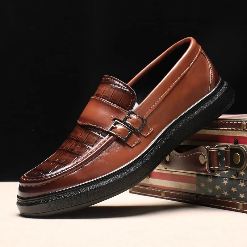 Santimon Men's Crocodile Print Loafers Double Buckle Strap Slip-On Dress Shoes Comfortable Casual Moc Toe Driving Shoes