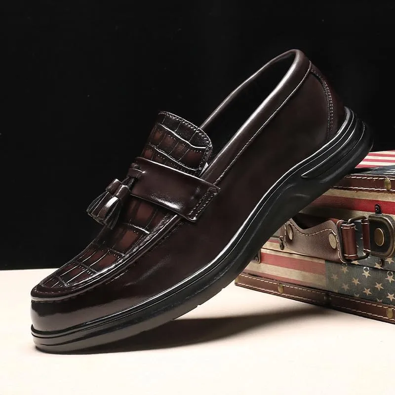 Santimon Men's Crocodile Print Tassel Loafers Slip-On Leather Shoes Comfortable Dress Casual Mocassin Driving Shoe