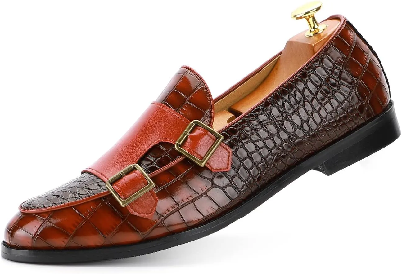 Santimon Men's Dress Loafer Shoes Double Monk Strap Slip On Loafers Formal Business Casual Dress Shoes for Men