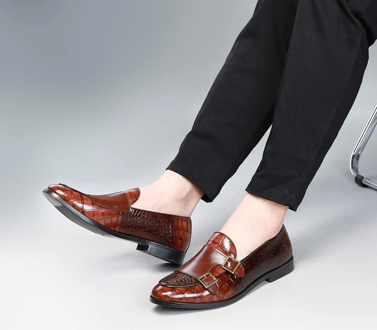 Santimon Men's Dress Loafer Shoes Double Monk Strap Slip On Loafers Formal Business Casual Dress Shoes for Men
