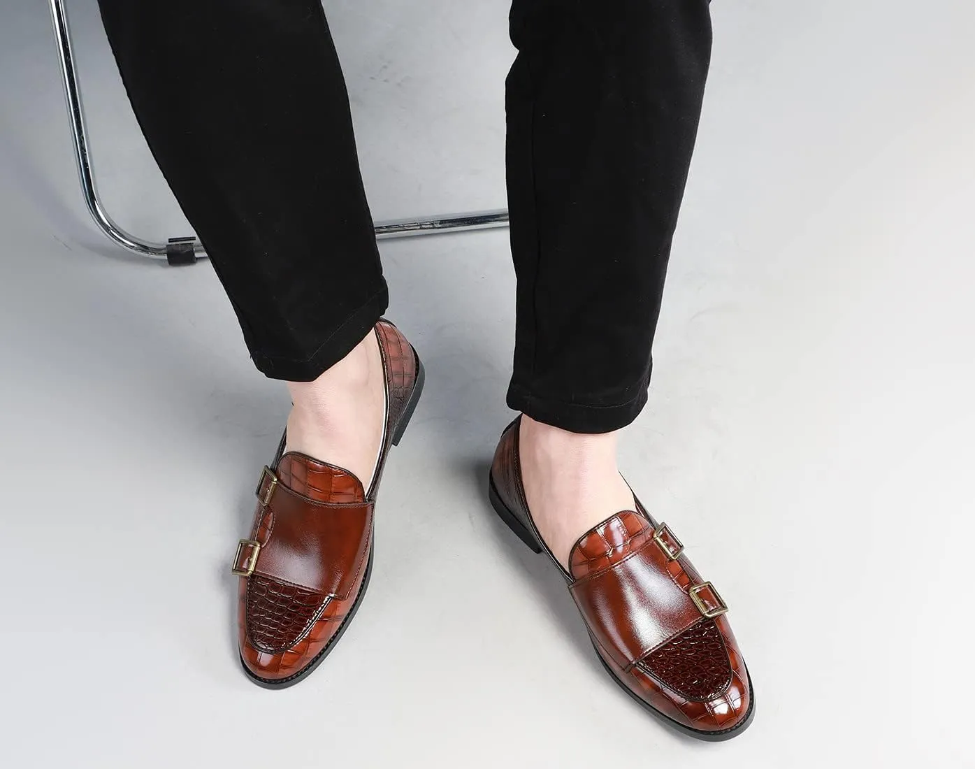 Santimon Men's Dress Loafer Shoes Double Monk Strap Slip On Loafers Formal Business Casual Dress Shoes for Men