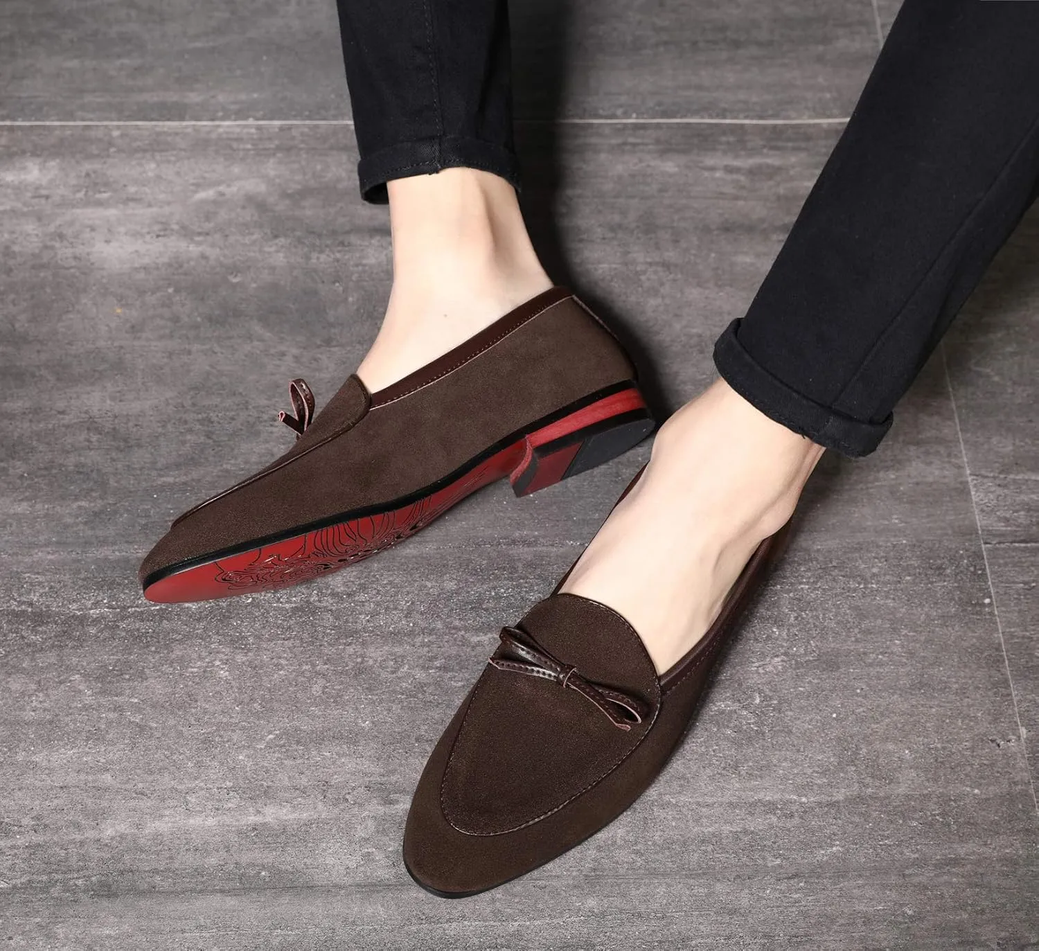 Santimon Mens Dress Shoes Smoking Slippers Casual Bow Slip-on Suede Flats Penny-Loafers Black Brown Tan