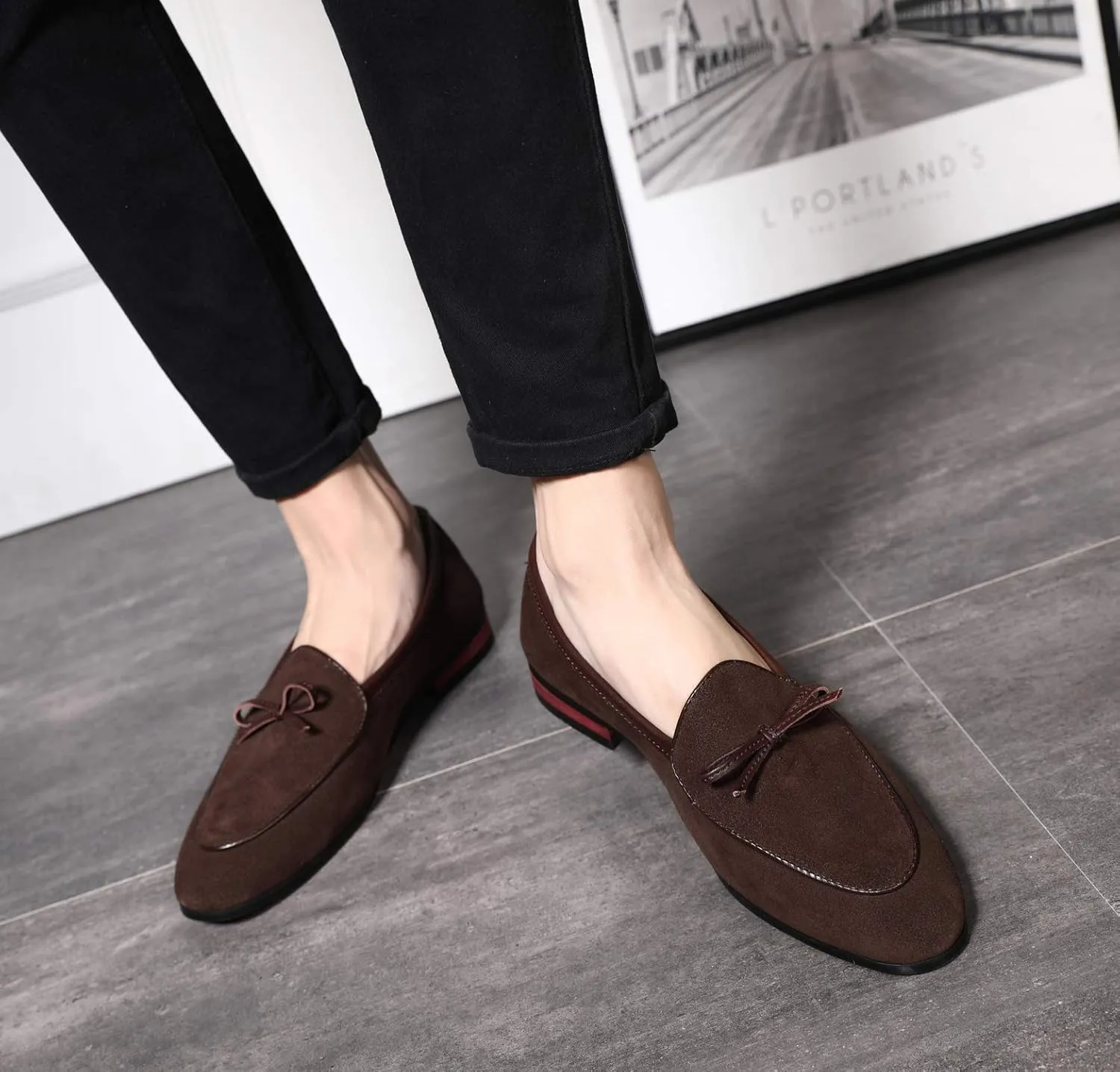 Santimon Mens Dress Shoes Smoking Slippers Casual Bow Slip-on Suede Flats Penny-Loafers Black Brown Tan