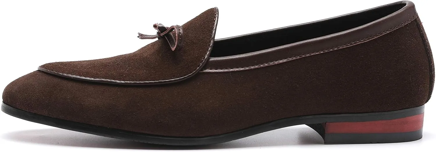 Santimon Mens Dress Shoes Smoking Slippers Casual Bow Slip-on Suede Flats Penny-Loafers Black Brown Tan