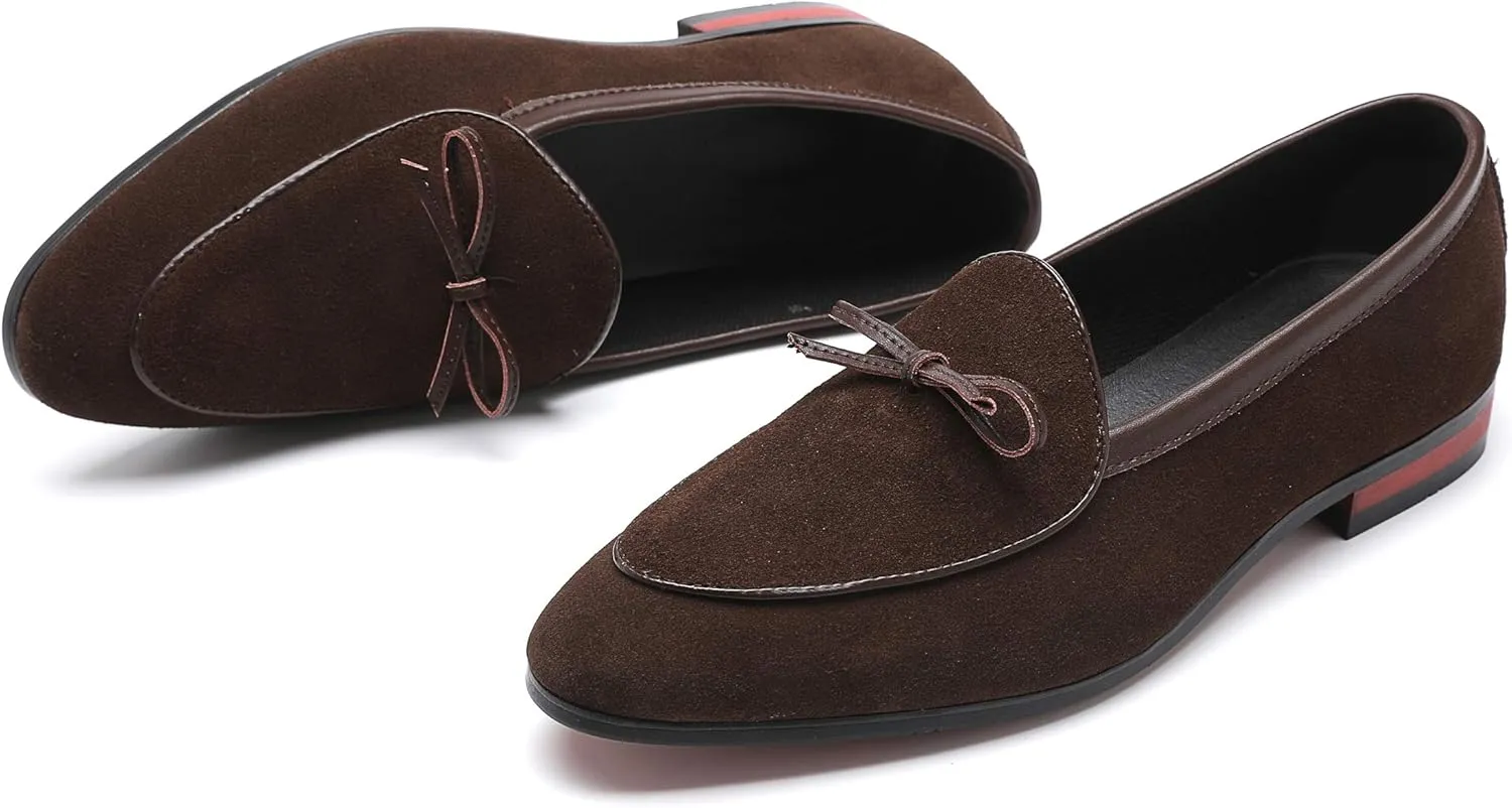 Santimon Mens Dress Shoes Smoking Slippers Casual Bow Slip-on Suede Flats Penny-Loafers Black Brown Tan