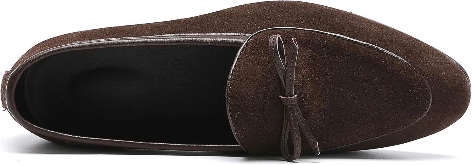 Santimon Mens Dress Shoes Smoking Slippers Casual Bow Slip-on Suede Flats Penny-Loafers Black Brown Tan