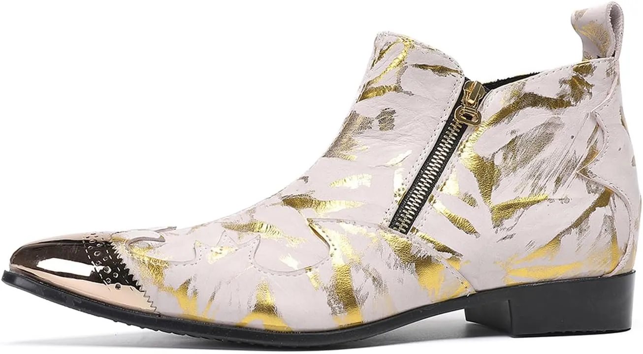 Santimon Men’s Fashion Chelsea Boots with Double Zipper – Pointed Toe Casual Dress Cowboy Boots with Glossy Patent Leather, Textured Design – Stylish Party, Stage, Club Ankle Boots for Men