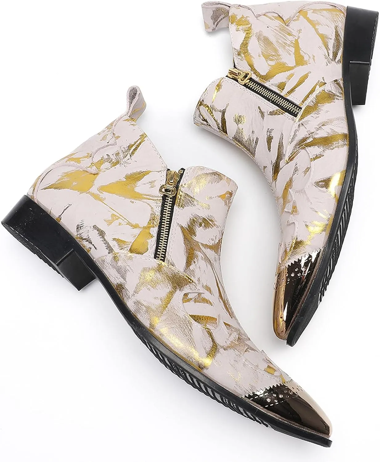 Santimon Men’s Fashion Chelsea Boots with Double Zipper – Pointed Toe Casual Dress Cowboy Boots with Glossy Patent Leather, Textured Design – Stylish Party, Stage, Club Ankle Boots for Men