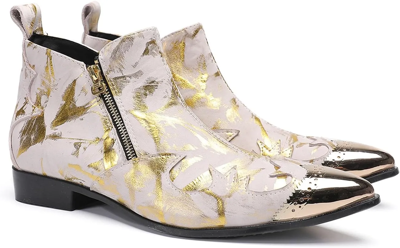 Santimon Men’s Fashion Chelsea Boots with Double Zipper – Pointed Toe Casual Dress Cowboy Boots with Glossy Patent Leather, Textured Design – Stylish Party, Stage, Club Ankle Boots for Men