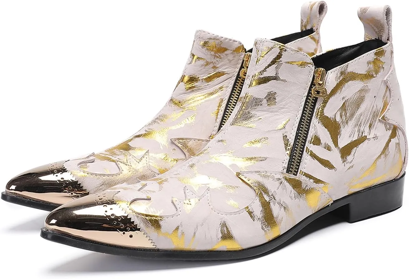Santimon Men’s Fashion Chelsea Boots with Double Zipper – Pointed Toe Casual Dress Cowboy Boots with Glossy Patent Leather, Textured Design – Stylish Party, Stage, Club Ankle Boots for Men