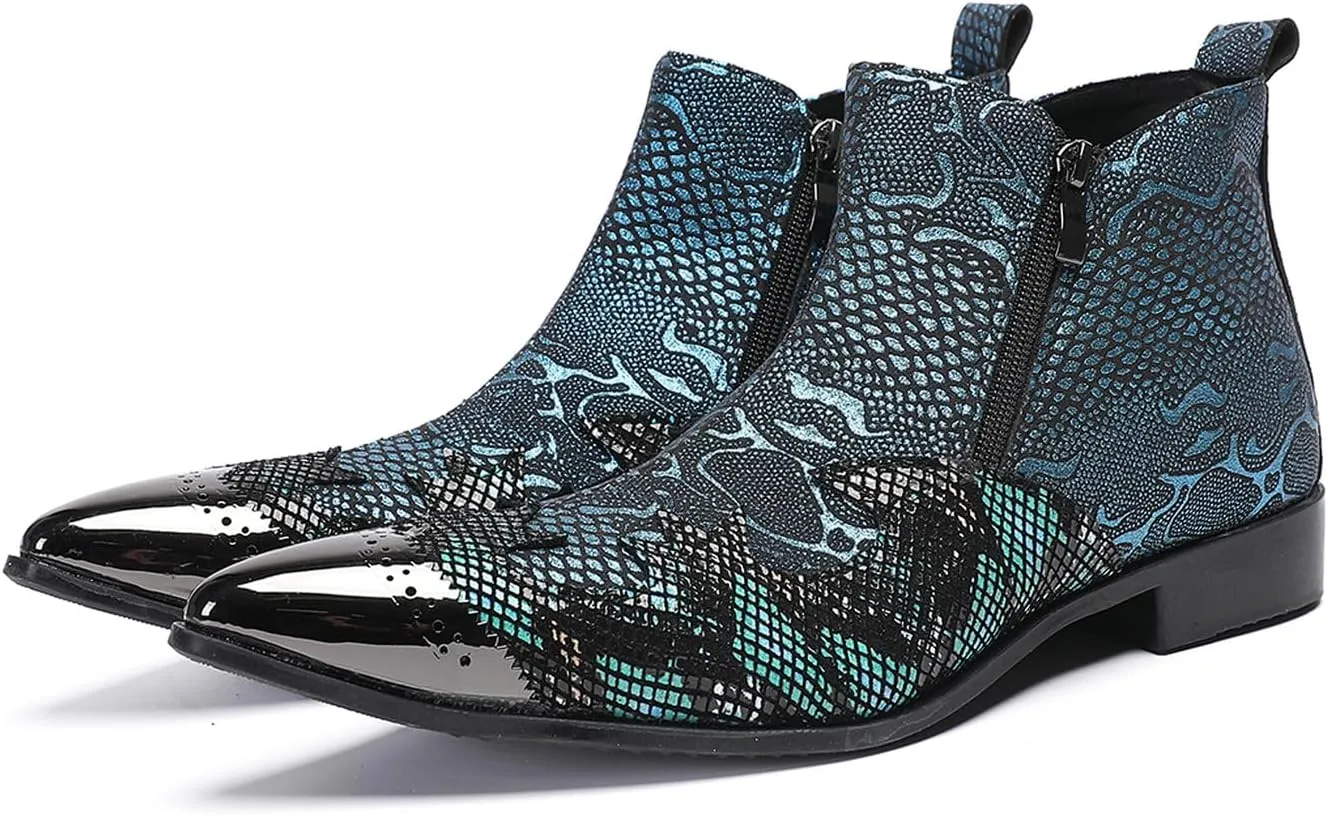 Santimon Men’s Fashion Chelsea Boots with Double Zipper – Pointed Toe Casual Dress Cowboy Boots with Glossy Patent Leather, Textured Design – Stylish Party, Stage, Club Ankle Boots for Men