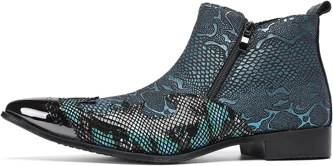 Santimon Men’s Fashion Chelsea Boots with Double Zipper – Pointed Toe Casual Dress Cowboy Boots with Glossy Patent Leather, Textured Design – Stylish Party, Stage, Club Ankle Boots for Men