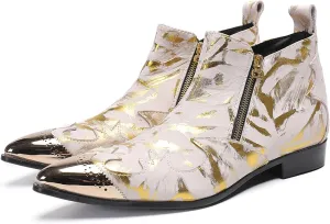 Santimon Men’s Fashion Chelsea Boots with Double Zipper – Pointed Toe Casual Dress Cowboy Boots with Glossy Patent Leather, Textured Design – Stylish Party, Stage, Club Ankle Boots for Men