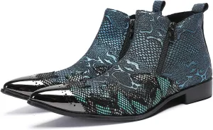 Santimon Men’s Fashion Chelsea Boots with Double Zipper – Pointed Toe Casual Dress Cowboy Boots with Glossy Patent Leather, Textured Design – Stylish Party, Stage, Club Ankle Boots for Men