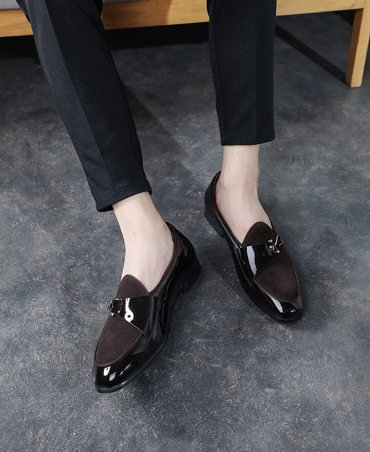 Santimon Mens Loafers Slip on Dress Shoes Buckle Casual Driving Smoking Slippers Moccasins Black Brown Blue