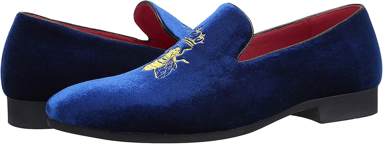 Santimon Men's Velvet Loafers Casual Slip on Dress Shoes with Gold Embroidery Smoking Slippers Flats