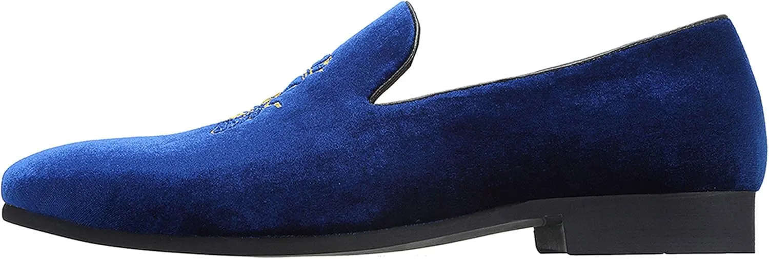 Santimon Men's Velvet Loafers Casual Slip on Dress Shoes with Gold Embroidery Smoking Slippers Flats