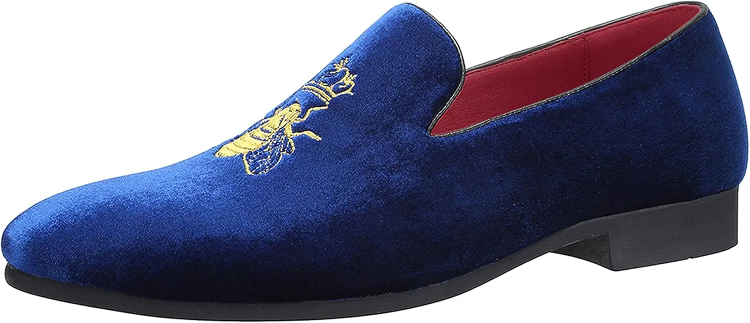 Santimon Men's Velvet Loafers Casual Slip on Dress Shoes with Gold Embroidery Smoking Slippers Flats