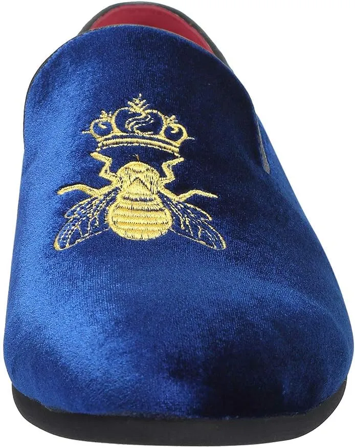 Santimon Men's Velvet Loafers Casual Slip on Dress Shoes with Gold Embroidery Smoking Slippers Flats
