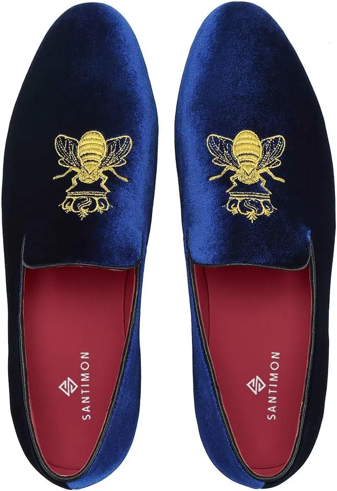 Santimon Men's Velvet Loafers Casual Slip on Dress Shoes with Gold Embroidery Smoking Slippers Flats