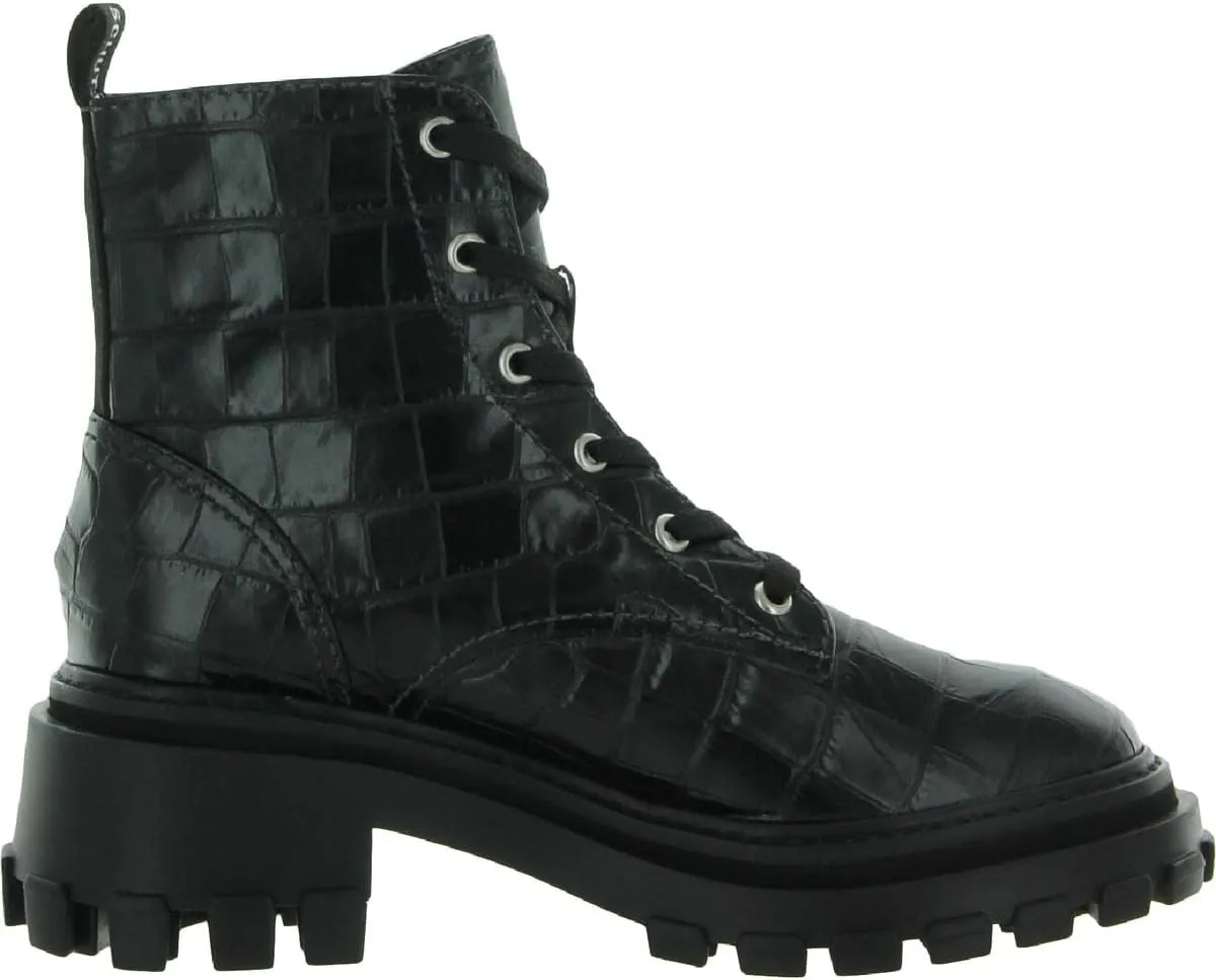 SCHUTZ Black Croc Embossed Lace Up Round Toe Platform Combat Ankle Boots