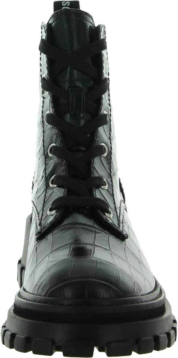 SCHUTZ Black Croc Embossed Lace Up Round Toe Platform Combat Ankle Boots