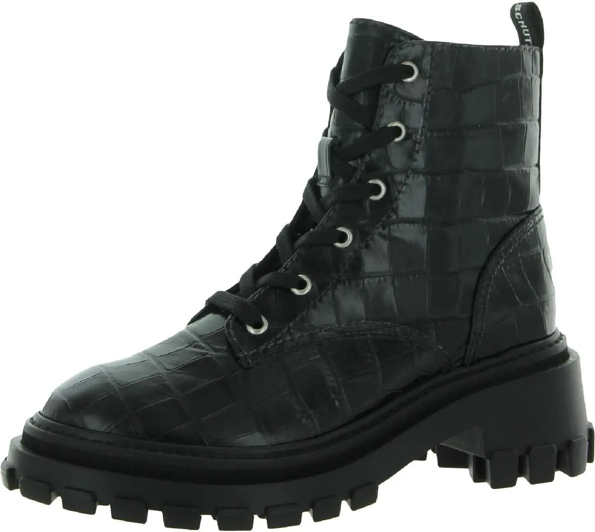SCHUTZ Black Croc Embossed Lace Up Round Toe Platform Combat Ankle Boots