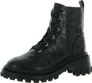 SCHUTZ Black Croc Embossed Lace Up Round Toe Platform Combat Ankle Boots