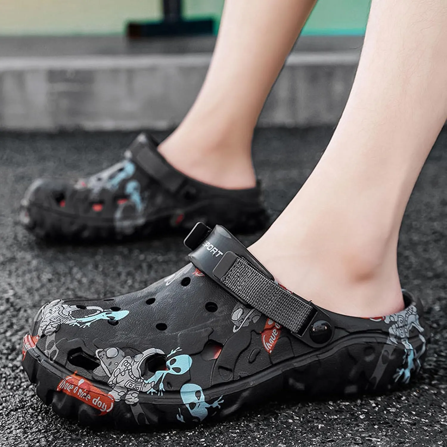 SECHRITE Men's Clogs Athletic Sports Outdoor Slip-on Mules with Cushion Beach Non Slip Home Sandals with Adjustable Back Strap - River Edge
