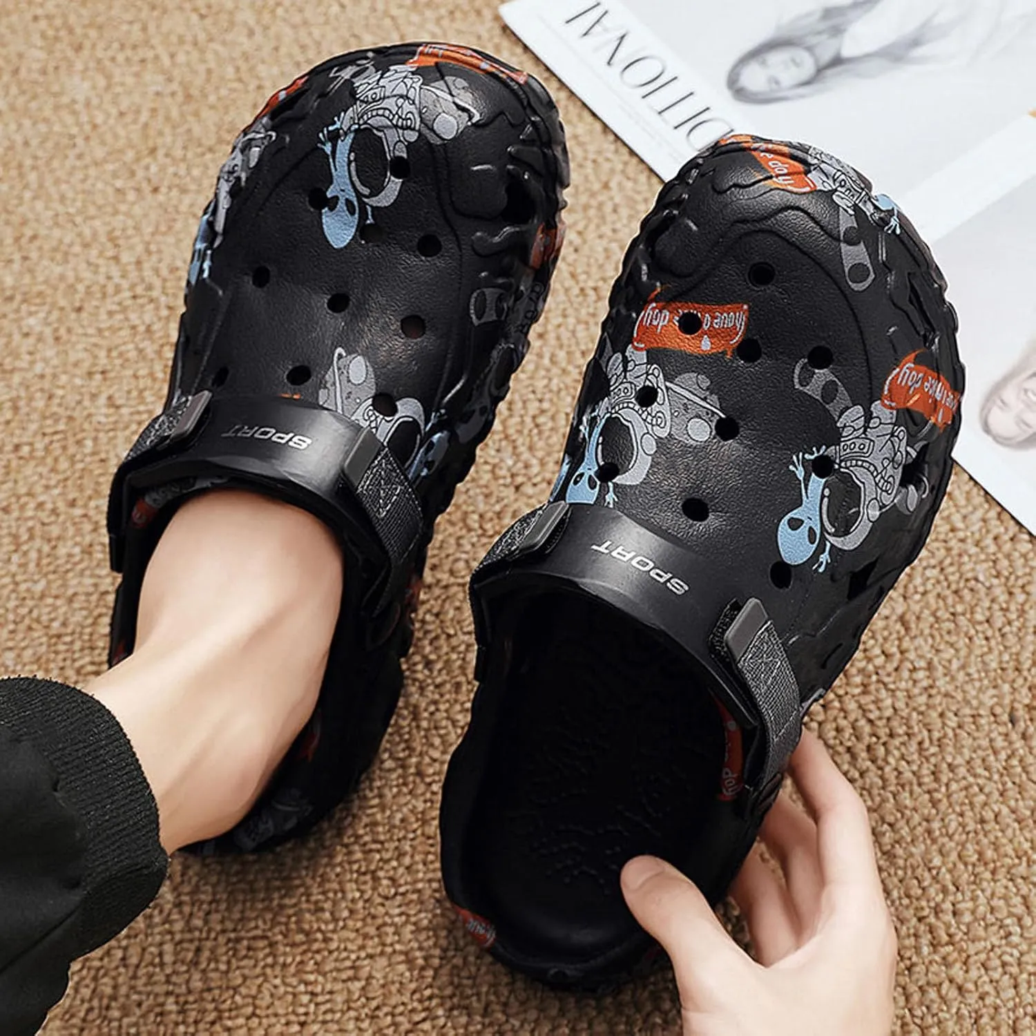 SECHRITE Men's Clogs Athletic Sports Outdoor Slip-on Mules with Cushion Beach Non Slip Home Sandals with Adjustable Back Strap - River Edge
