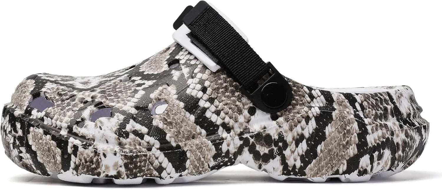 SECHRITE Men's Women's Clogs Slip On Waterproof Garden Shoes, Snake Printed Lightweight Non-Slip Comfort Mules with Adjustable Strap for Outdoor Indoor