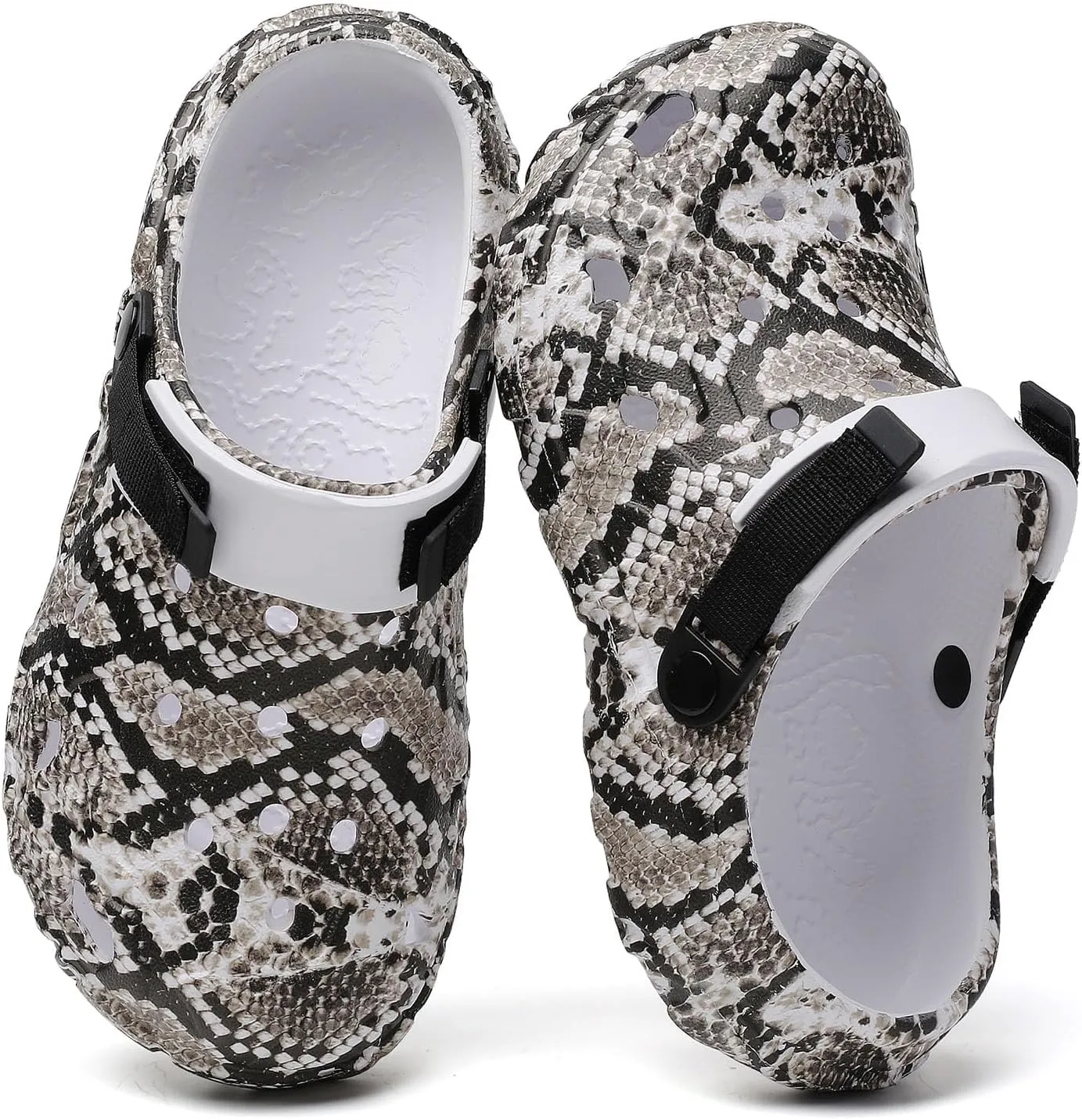 SECHRITE Men's Women's Clogs Slip On Waterproof Garden Shoes, Snake Printed Lightweight Non-Slip Comfort Mules with Adjustable Strap for Outdoor Indoor