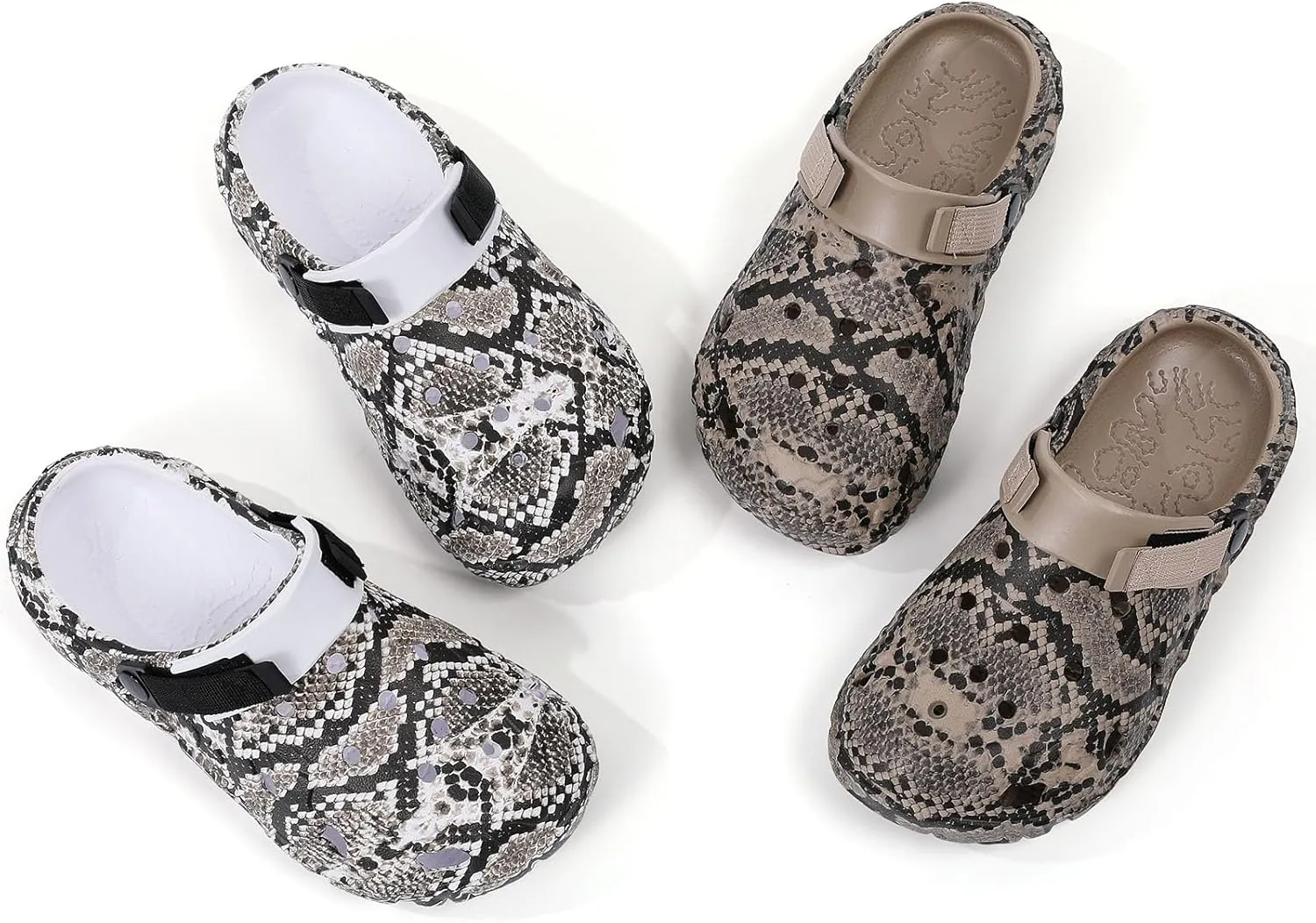 SECHRITE Men's Women's Clogs Slip On Waterproof Garden Shoes, Snake Printed Lightweight Non-Slip Comfort Mules with Adjustable Strap for Outdoor Indoor