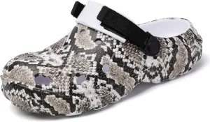 SECHRITE Men's Women's Clogs Slip On Waterproof Garden Shoes, Snake Printed Lightweight Non-Slip Comfort Mules with Adjustable Strap for Outdoor Indoor