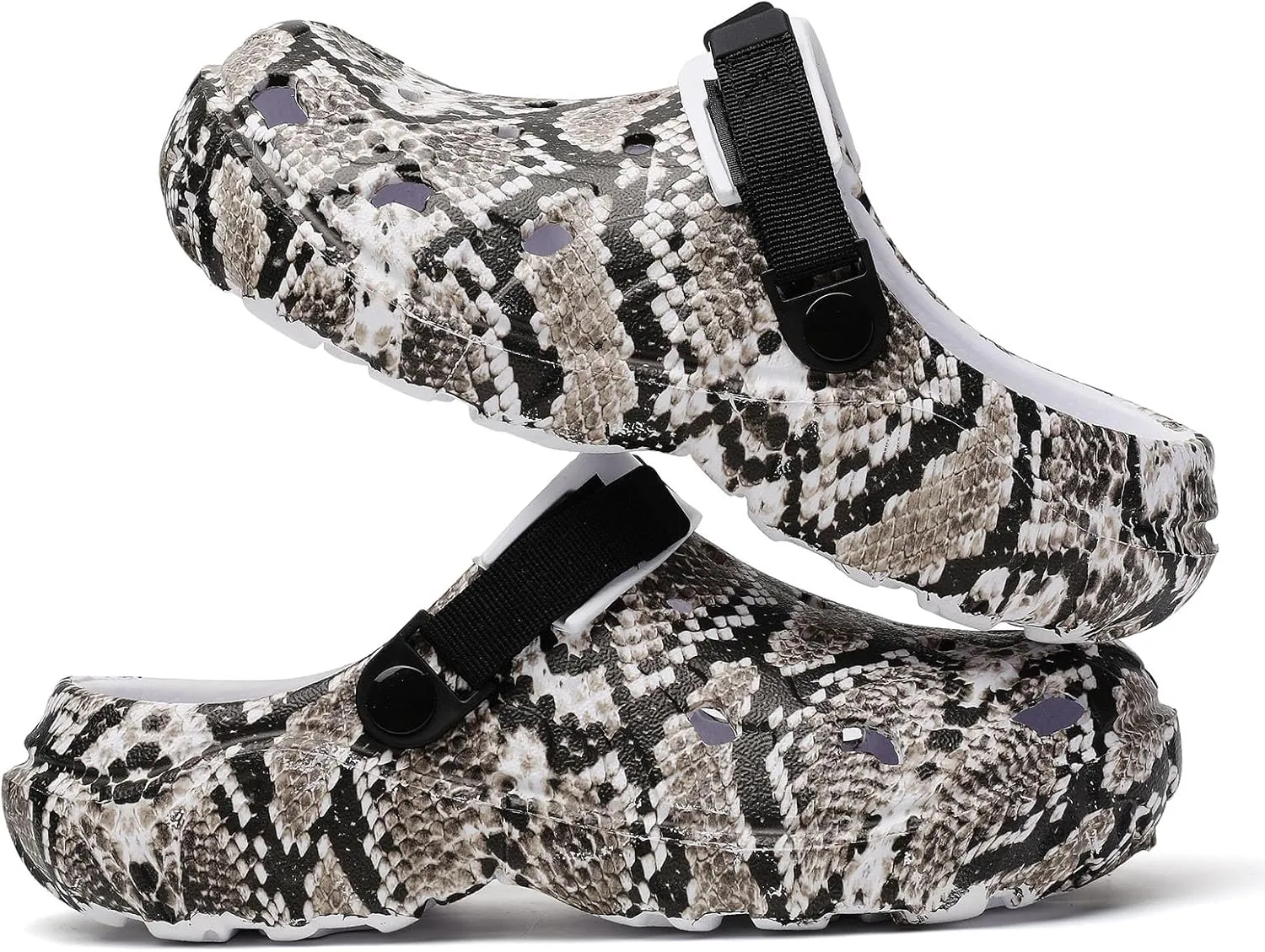 SECHRITE Men's Women's Clogs Slip On Waterproof Garden Shoes, Snake Printed Lightweight Non-Slip Comfort Mules with Adjustable Strap for Outdoor Indoor