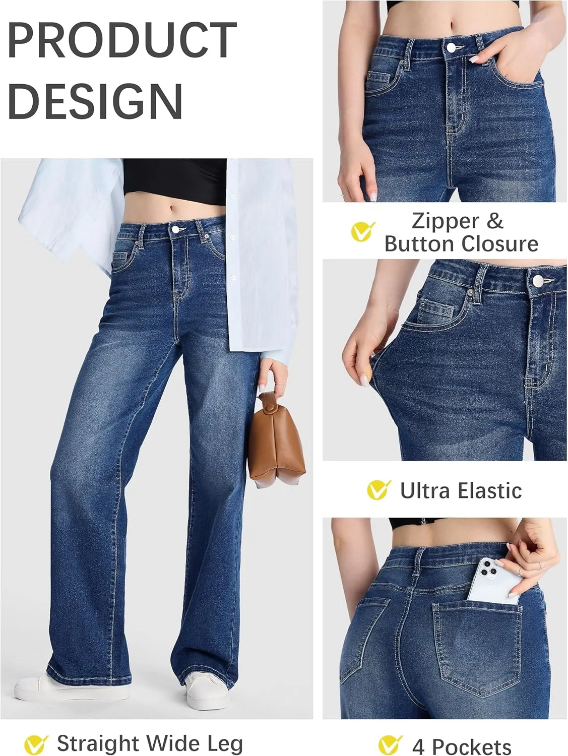 SEVEGO Women's 32"/34"/36" Tall Straight Leg Jeans Mid Waisted Stretchy Loose Denim Pants Casual Baggy Jean Trousers