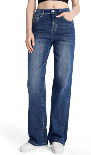 SEVEGO Women's 32"/34"/36" Tall Straight Leg Jeans Mid Waisted Stretchy Loose Denim Pants Casual Baggy Jean Trousers