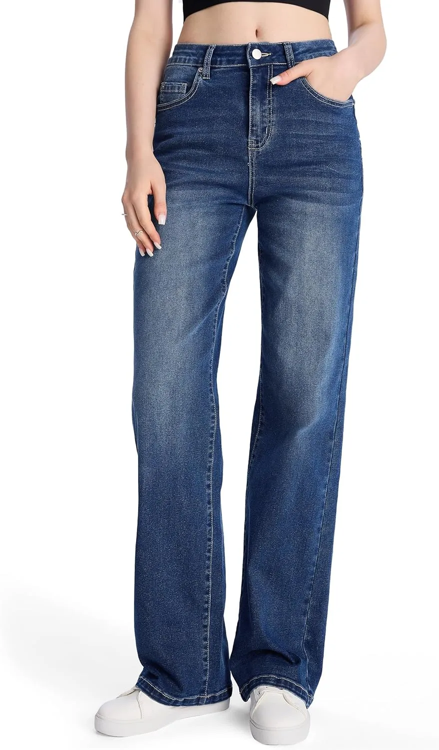 SEVEGO Women's 32"/34"/36" Tall Straight Leg Jeans Mid Waisted Stretchy Loose Denim Pants Casual Baggy Jean Trousers