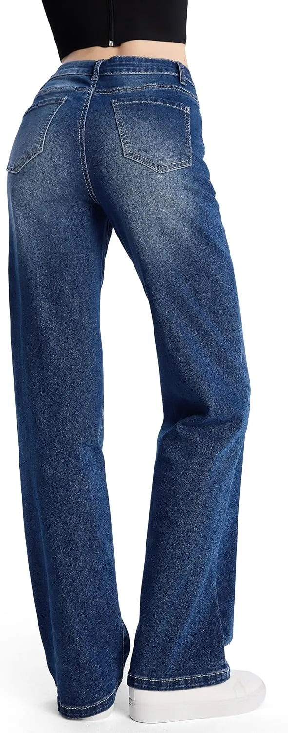 SEVEGO Women's 32"/34"/36" Tall Straight Leg Jeans Mid Waisted Stretchy Loose Denim Pants Casual Baggy Jean Trousers