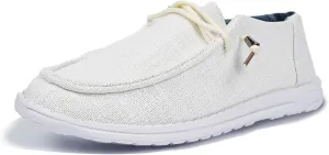 Shesnugin|Women's Black Fabric Slip On Casual Loafers Comfortable Lightweight Breathable Canvas Lace-Up Walking Flat Boat Shoes Ultralight Sole Wide Deck Shoes for Work and Traveling
